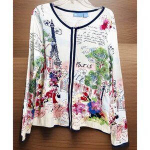 Koret Sz 12 Paris Eiffel Tower Cardigan Scenic Print Cotton Knit Zip Up New